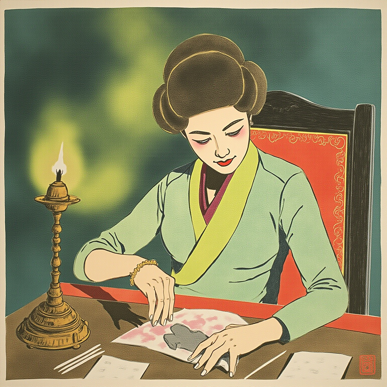 内室紫檀桌旁，散落的账册与碎金叶子，妇人独坐在椅上，面色铁青，手里一只金镯攥得指节发白，桌角的一盏油灯被风吹歪