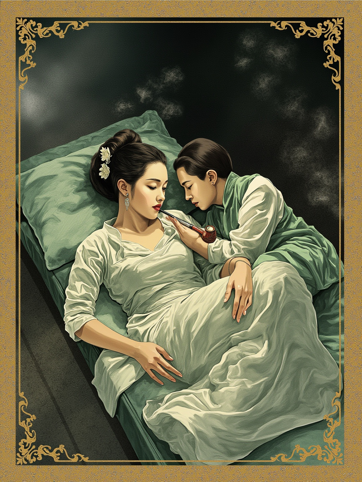 窄小的厢房里，鸦片烟雾缭绕，母子两人并排躺在烟榻上，妇人半阖着眼表情木然，儿子一手夹烟一手替她捶腿，画面令人窒息
