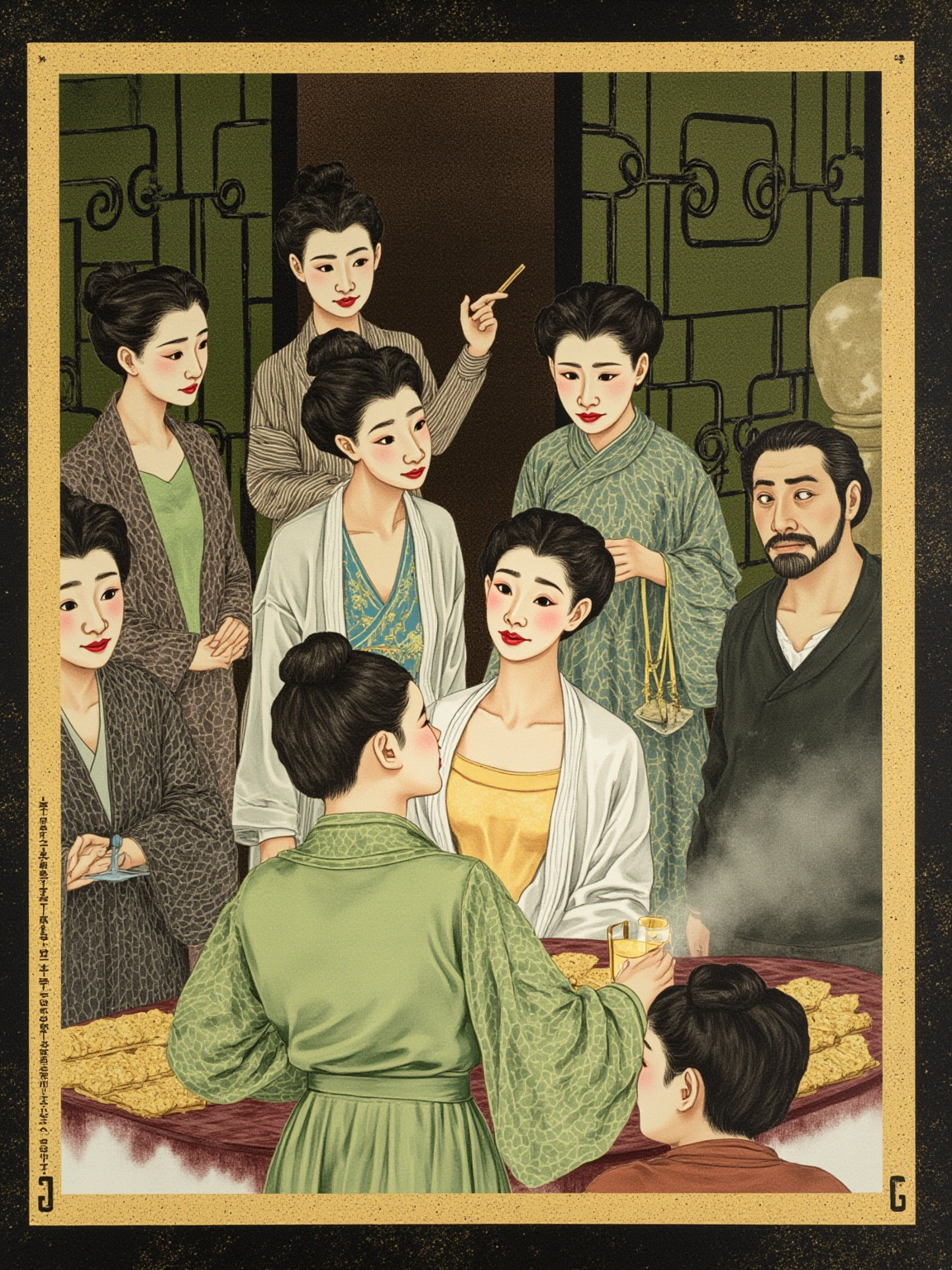 堂屋正中，桌面上摆着残茶和散落的瓜子壳，妯娌和丫头们围坐，妇人站在中央指着一个低头的年轻媳妇说些什么，那个媳妇的脸被烛火打得半明半暗，眼眶发红却不敢抬
