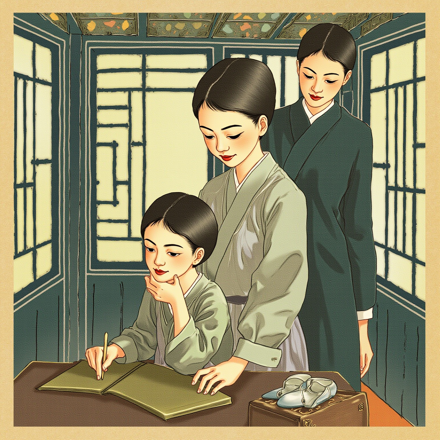 小书桌前，一个十五六岁的少女正合上一本课本，身后的妇人立在她椅背后面无表情地看着，窗台上放着一双没穿过的小弓鞋