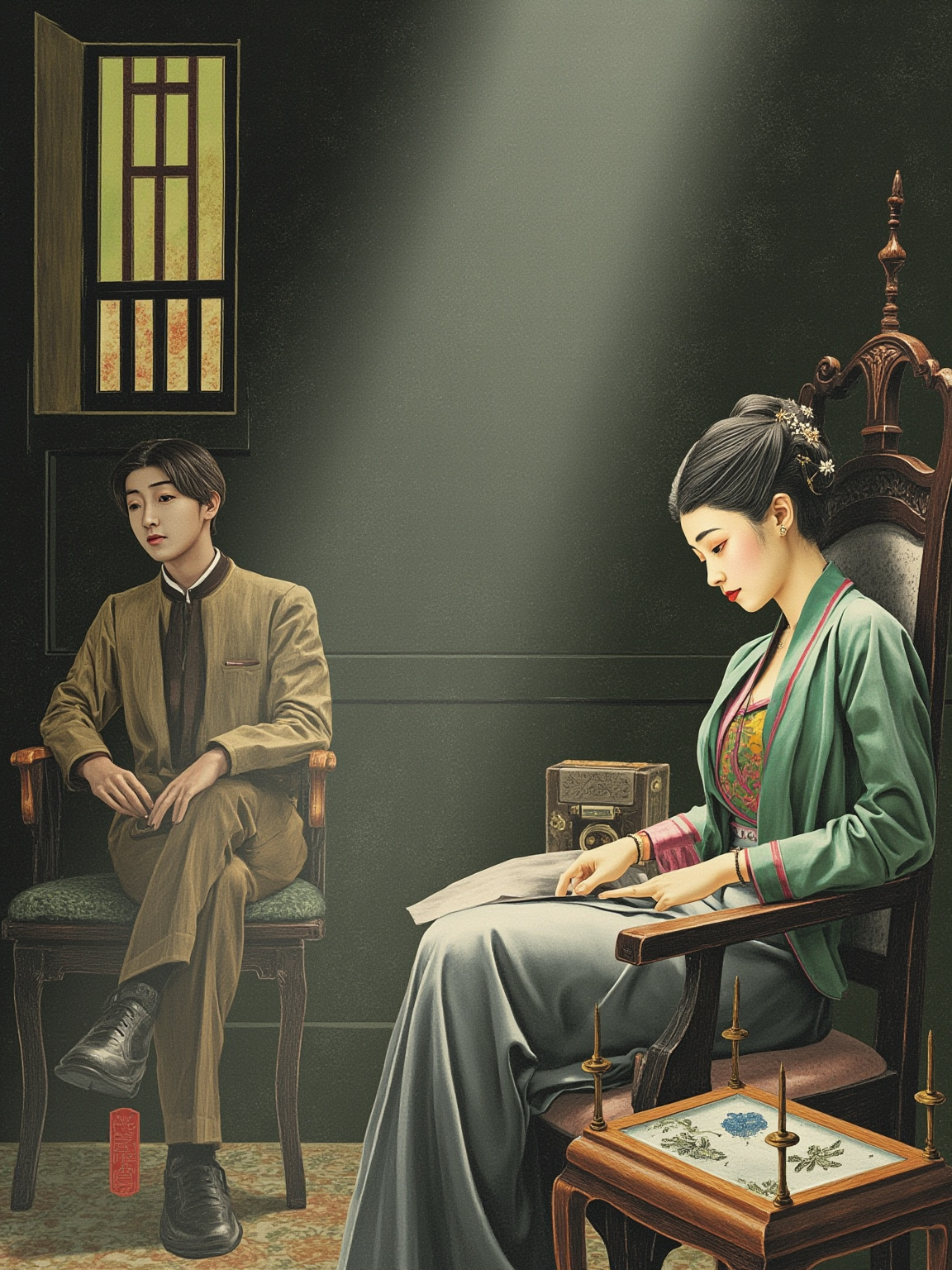 烟榻旁的昏暗屋子，女儿低着头坐得笔直，对面椅子上的青年起身告辞，妇人裹着大袄半靠在烟榻上，烟枪斜搁在膝头，脸上挂着一丝几乎看不出的笑
