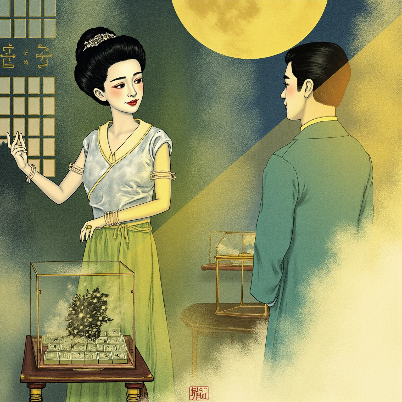 窗外同一枚满月，屋内镜头拉开——姜家旧宅与窄小厢房彼此重叠，妇人蜷在烟榻上头发散落，年轻男女分立两侧背对画面，月光从画面右下角斜斜灌入