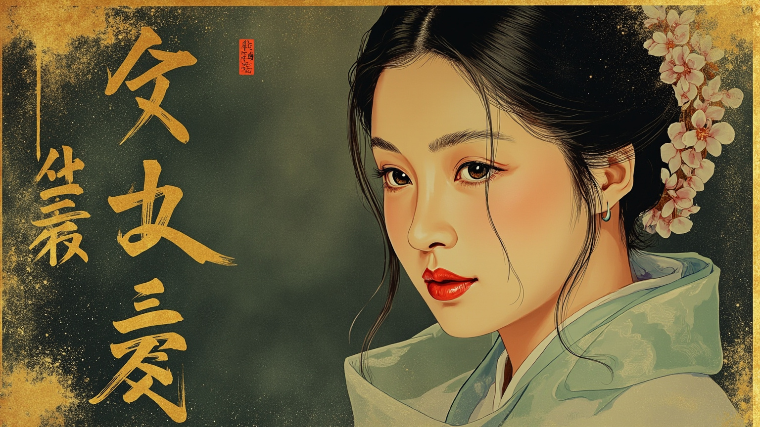 1940 年代上海旧式大家族内景，雕花隔扇后隐约可见鸦片烟榻与散落的麻将牌，墙上挂一幅褪色的祖宗画像，月光从雕花窗棂漏进室内