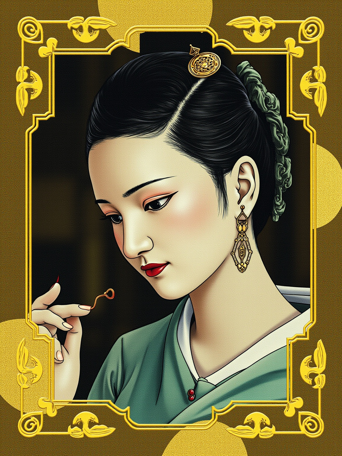 姜家堂屋一角，烛光昏黄，一个瘦削的中年妇人靠烟榻半卧，身边伺候的丫头端着银盘子托一只细长的烟枪，她眼神直直看向门外穿堂