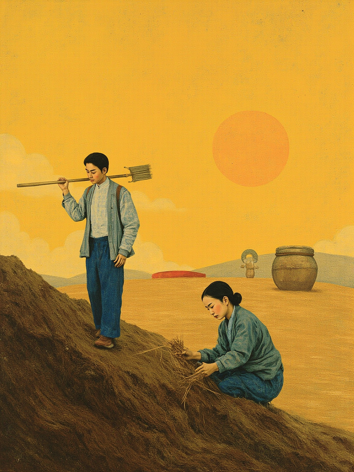 黄昏的华北田埂,新娘阿兰蹲在土垄边一棵一棵地拔草,身后是新糊的黄泥土坯房,王龙扛着锄头远远走来,色调是晒得发白的土黄与夕阳的橙