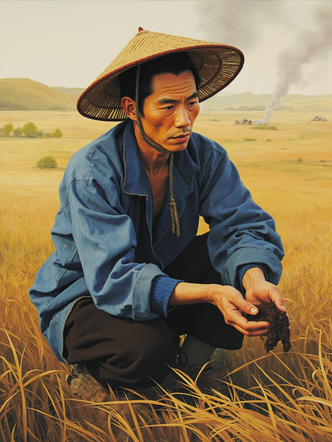 春日清晨的王家麦田,王龙蹲在地头,双手捧起一把黑色的湿土,慢慢松开让土从指缝漏下,背景是连绵的旱田与远处炊烟,动作安静而专注