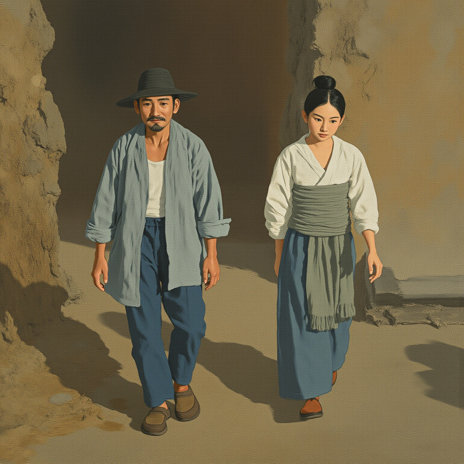 夜色里一座失守的大宅前,乱民四散奔逃,王龙低着头把一只粗布袋子塞进怀里快步离去,阿兰在更暗的巷口把一包小首饰攥在袖子里,色调是烟尘与火把光