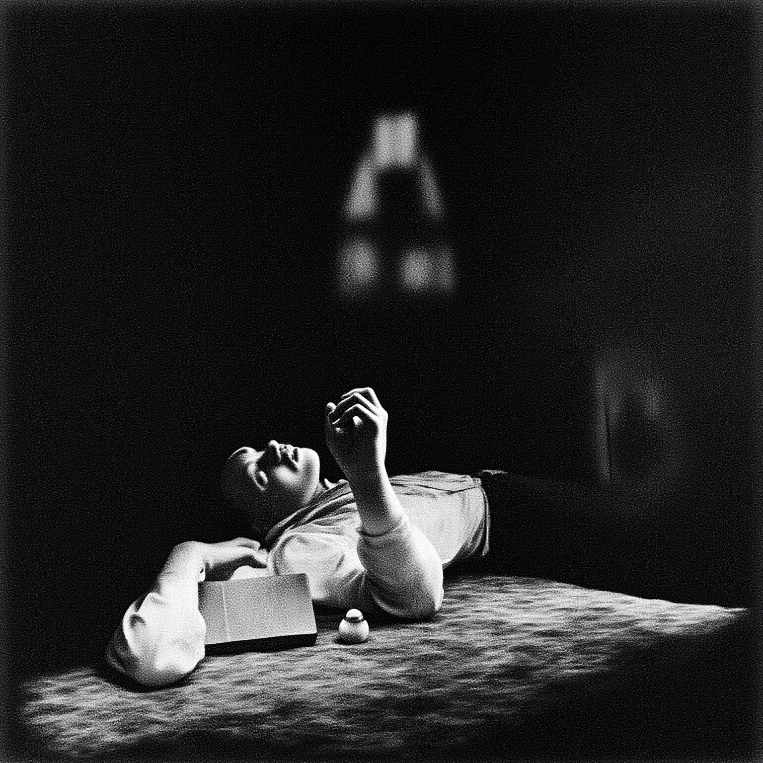I was drenched with sweat, choking, half-suffocated, half-dead. He — He! — was sitting on the bureau still.