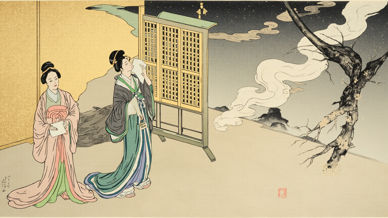 初识与赠答:敦道亲王化名至式部居处附近,先以折枝附诗互通;最初数月,二人并未直接会面,而以和歌赠答传情;式部每得一首便和作,纸色互易,连篇累牍