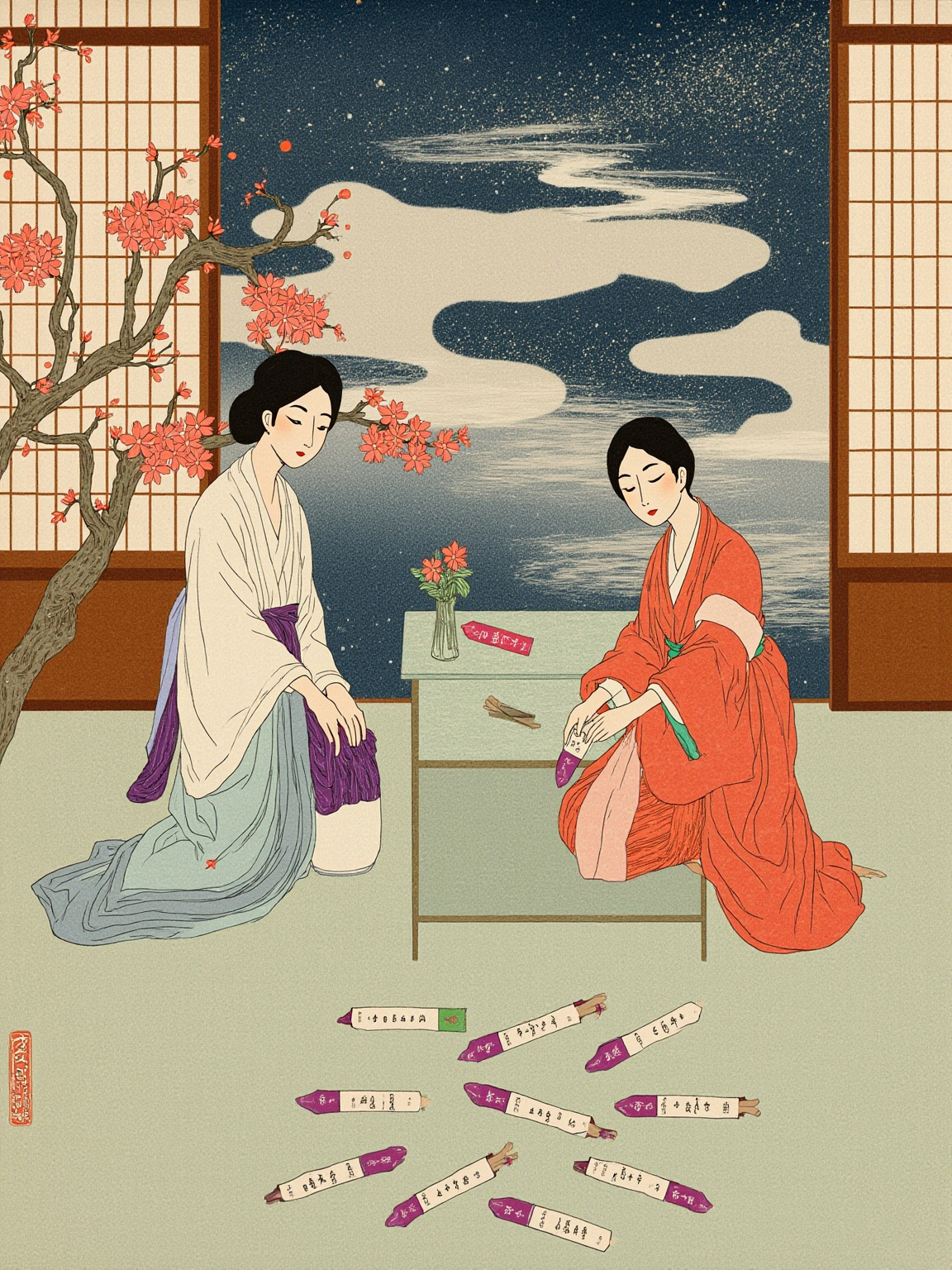 冬夜厢房,红梅折枝插于青瓷瓶,案上散落数张紫色、白色小纸笺,每张上都写着短短的和歌;窗外飘雪,帘外侧影朦胧