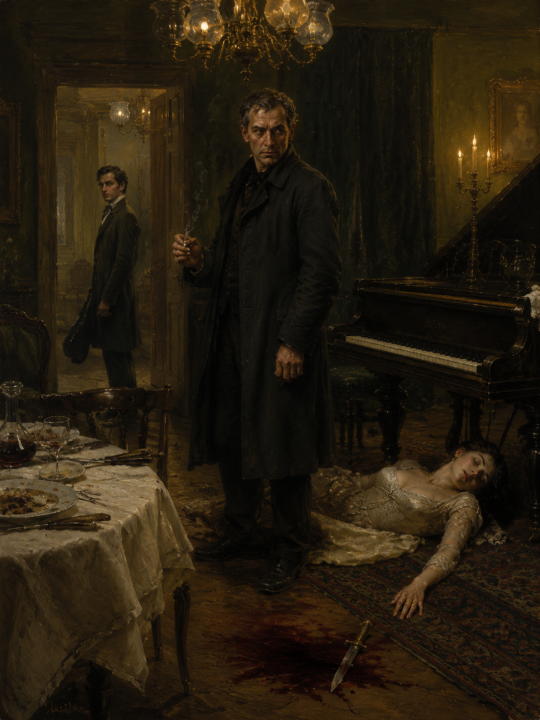 我一直等到她倒下，直到保姆惊呼着“哦，我的上帝！”跑到她身边；然后我才扔掉匕首，走出房间。