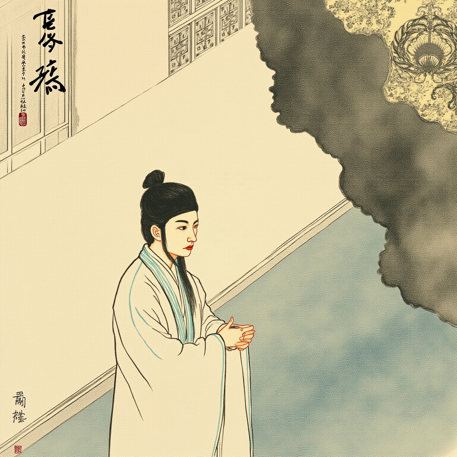 苏州保和堂内室，端阳正午，帐幔低垂——帐内隐约一个蜷曲的人形轮廓，帐外许宣跌坐地上，手中雄黄酒杯翻倒在青砖地上，杯中残酒蜿蜒。