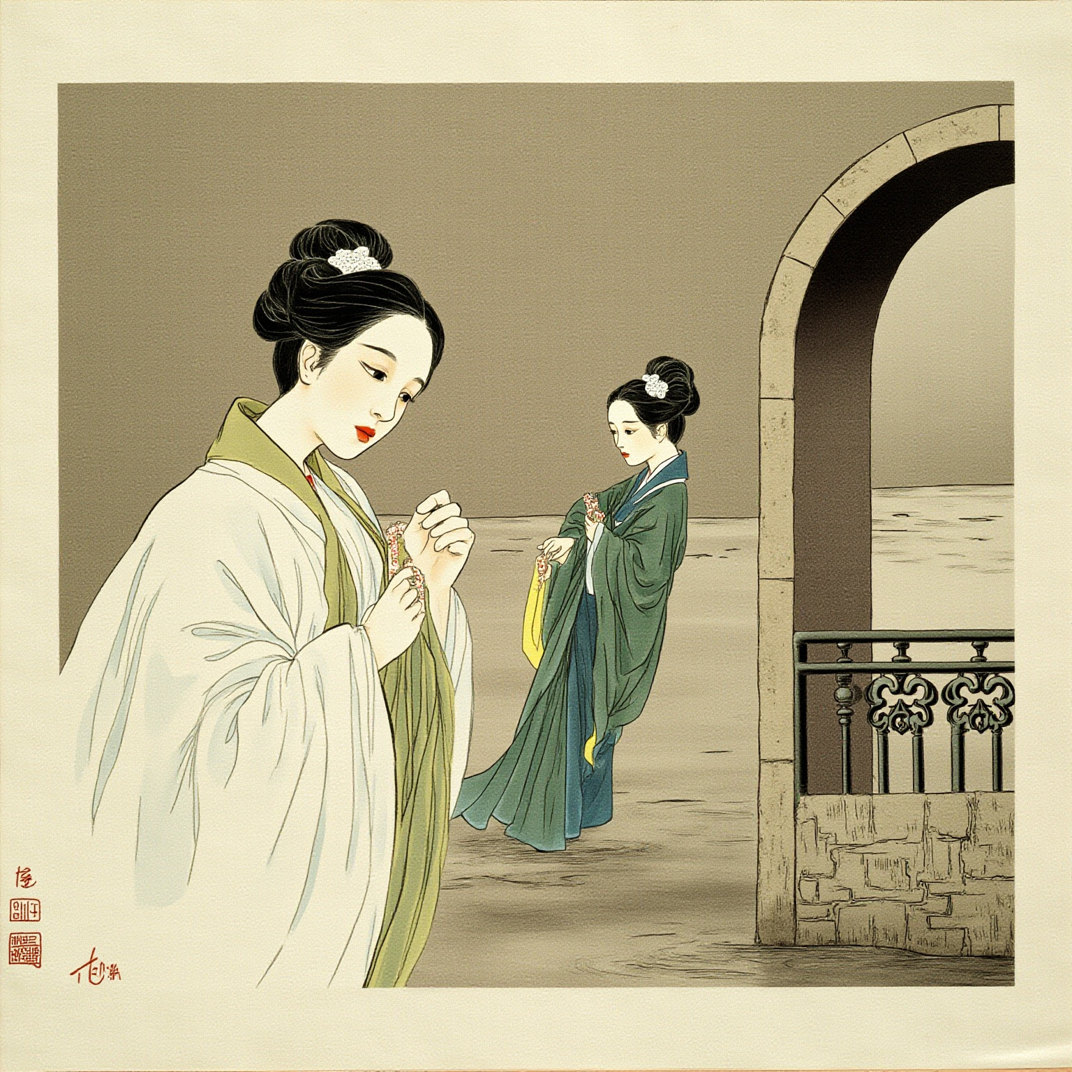 西子桥畔雨中借伞：白娘子与小青向许宣借伞，从此结缘；二人经小青做媒成婚，许宣在保和堂药铺打理生意，三人同住苏州
