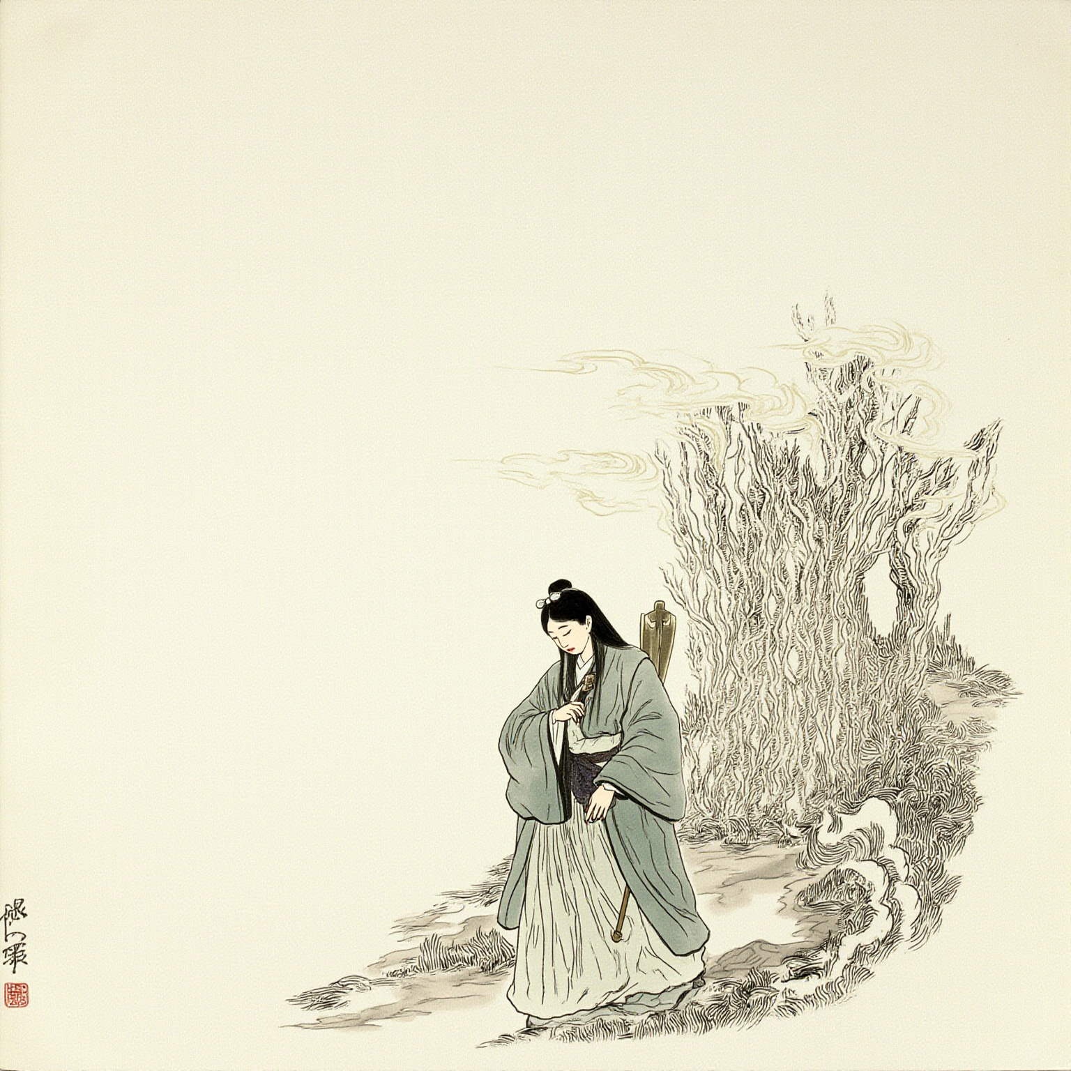 The lute on her back, the scroll of the dead across her shoulders — a thousand li of road, and these two things were all she owned.
