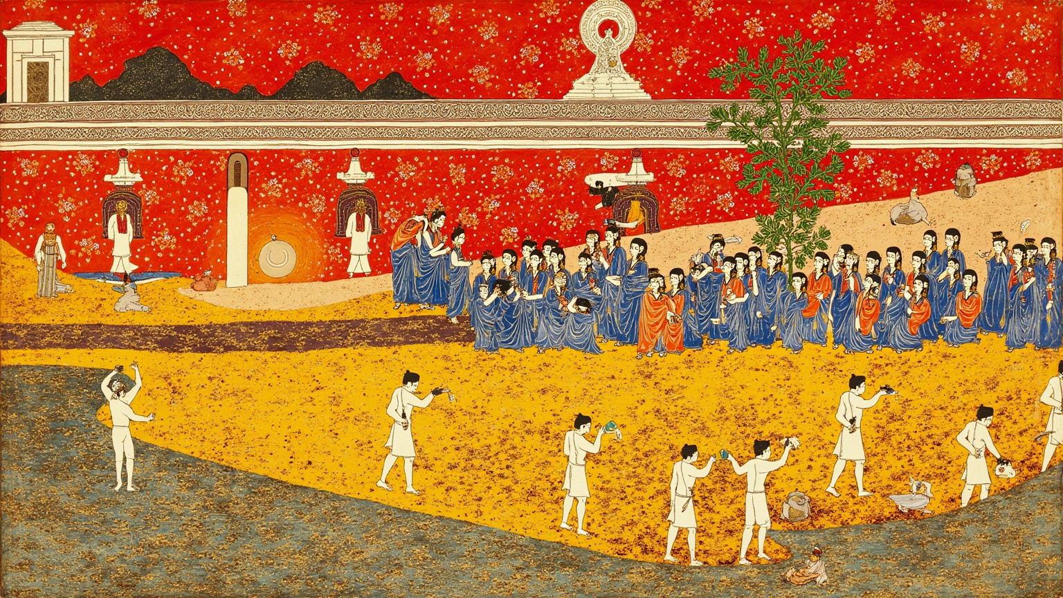 象城朝堂深处，只一扇高窗透进光，光柱里浮尘缓缓旋转；地板上散落着几枚骰子和一片扯下的丝绸，没有人在画面中央，只有柱子的阴影和远处一个模糊的女人背影。