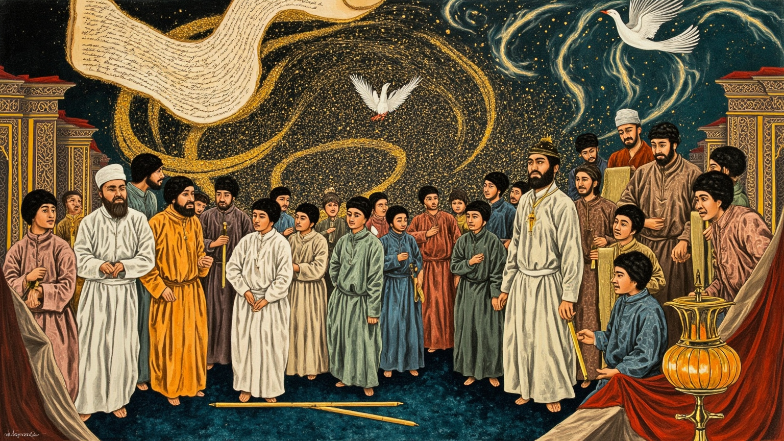 一卷手稿被打开在半空中，羊皮纸的边缘以几何花纹装饰，纸上文字化作金色的光点盘旋而上——光点越旋越高，最终凝成一只展翅的白鸟；画面下方是一支芦笛横卧于深蓝丝绒上