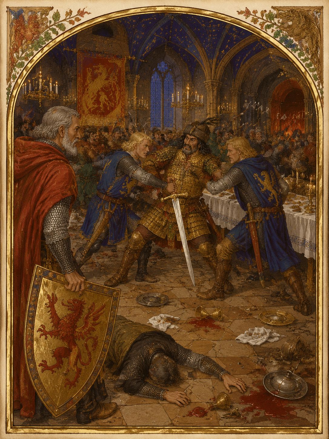 With gentle breeding the lusty hero spake: "Forsooth I rue your coming to the Huns, because of what the queen hath said."