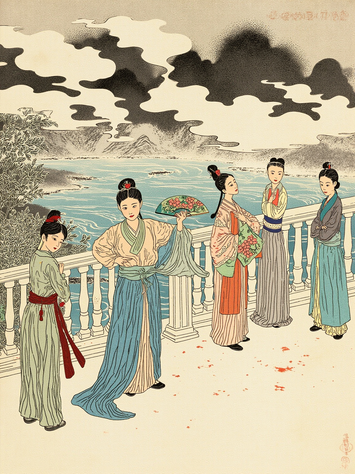 同一座小楼，妆奁盒打开搁在桌上，翠钿珠串散落其间——退礼的现场，未画人脸，只画被退回之物