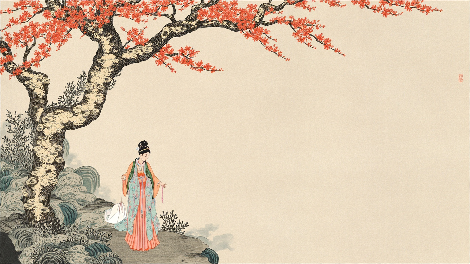 画框只取扇面本身，不取人物，不画流血动作——结果意象定格在这一帧