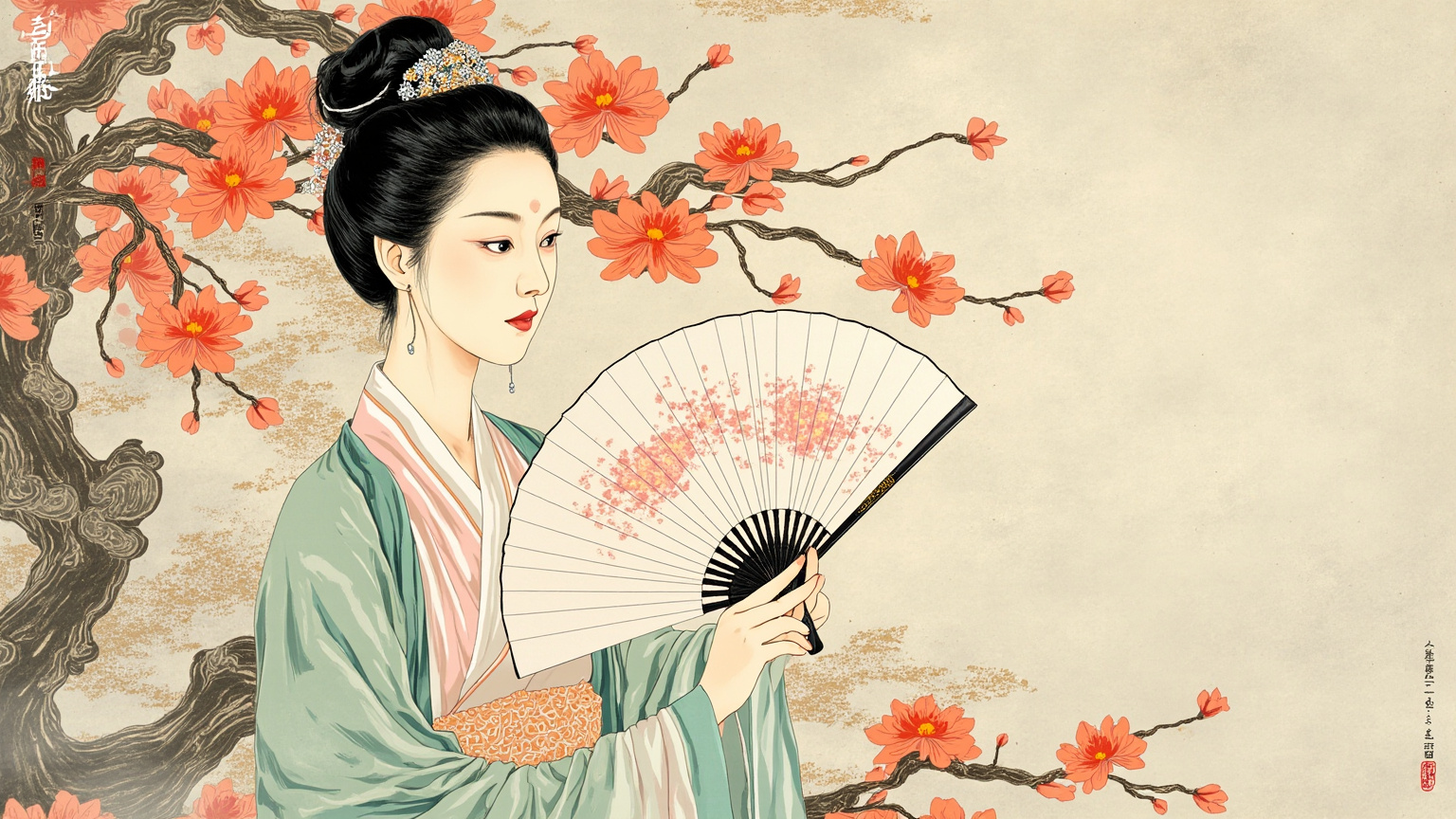 南京城内，残烛照着半席残宴，歌妓立于席间——骂筵的瞬间，背景是糊了一半窗纸的厅堂，灯火摇摇欲坠