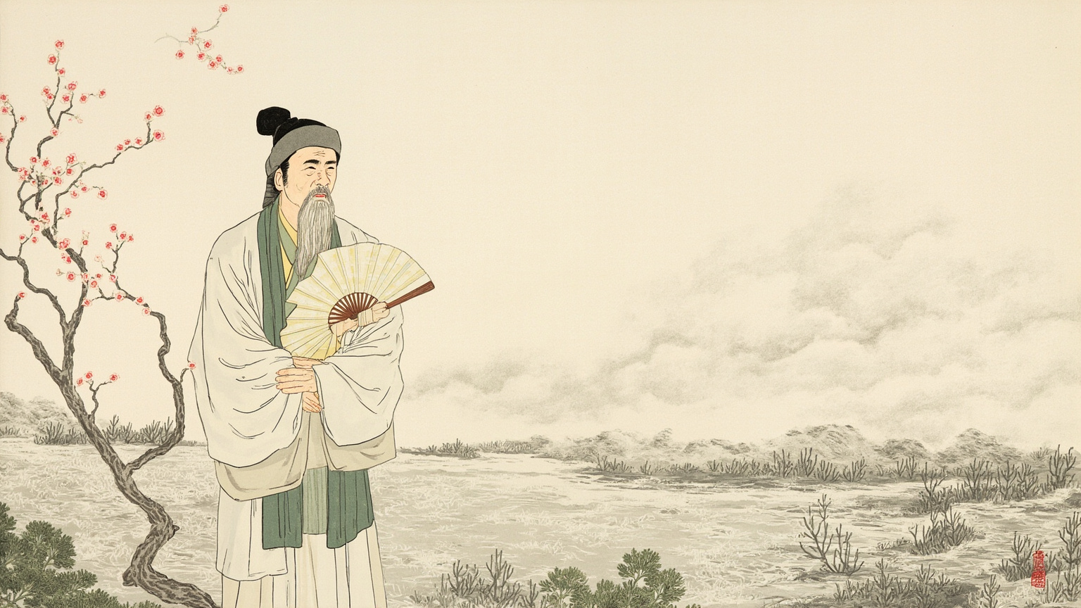 苏昆生立于江岸边，怀中抱着一只包裹的匣子，远方是烟尘中的扬州城——扇子在战火中流转的一幕