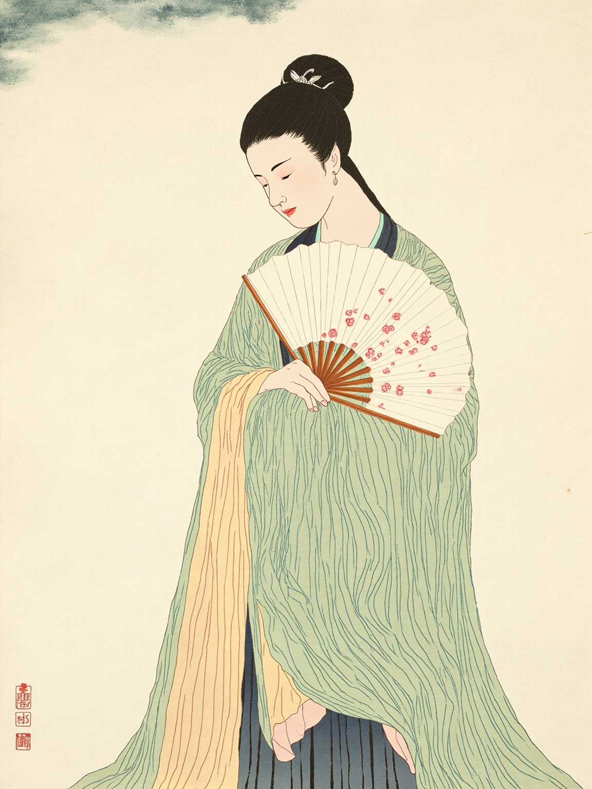 李香君立于席间，鬓发已乱，背脊挺直——骂筵的瞬间定格，不画五官表情，只取姿态
