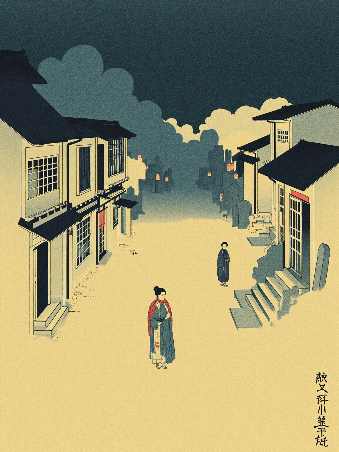 江户末年下町夏夜，窄巷深处两扇格子戸半开，门外一名侍女手提牡丹灯笼微微侧身，身后一位穿夏日和服的女子静立——灯笼的红光映在两人脸上，光线正常、神态正常，画面越正常越让人后颈发凉。