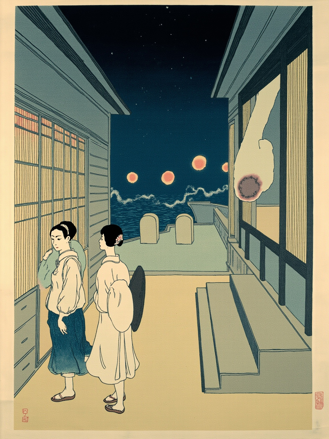 落语高座现场——圆朝坐在高座上，身穿和服，左手捏扇子、右手搭手巾，面前没有别的道具；台下是江户末年町人听众，前排侧边一位速记员低头在笔记本上疾书——所有故事都从这个『被讲出来』的姿势开始。
