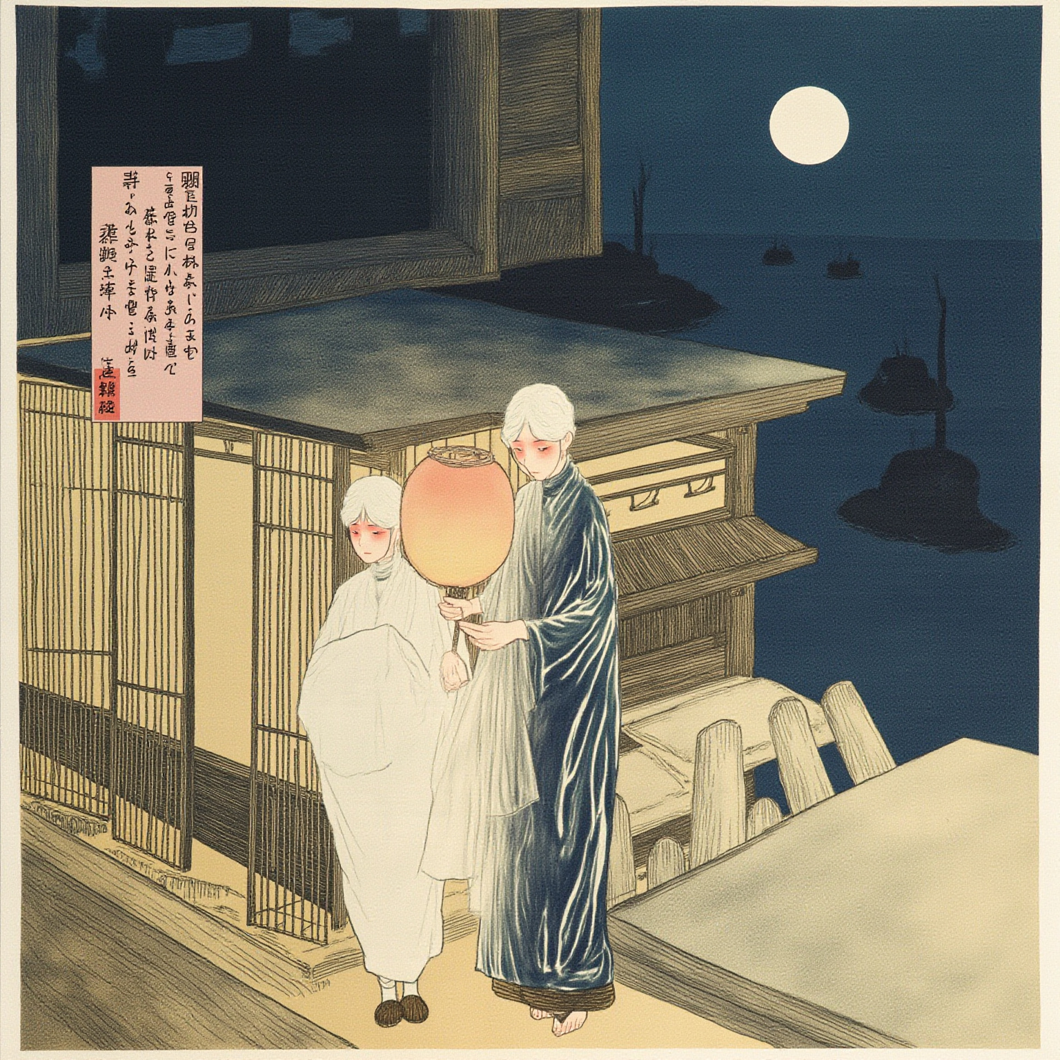 上巻「お露新三郎」：江户下町的盂兰盆之夜，饭岛旧邸旁的浪人新三郎听见木屐声响起（『カランコロン』），开门见提牡丹灯笼的侍女阿米引路、其后是亡家千金阿露——二人看上去与生人无异，夜夜来访同寝（本作仅作为东亚幽灵爱情故事的类型母题交代，不作情色