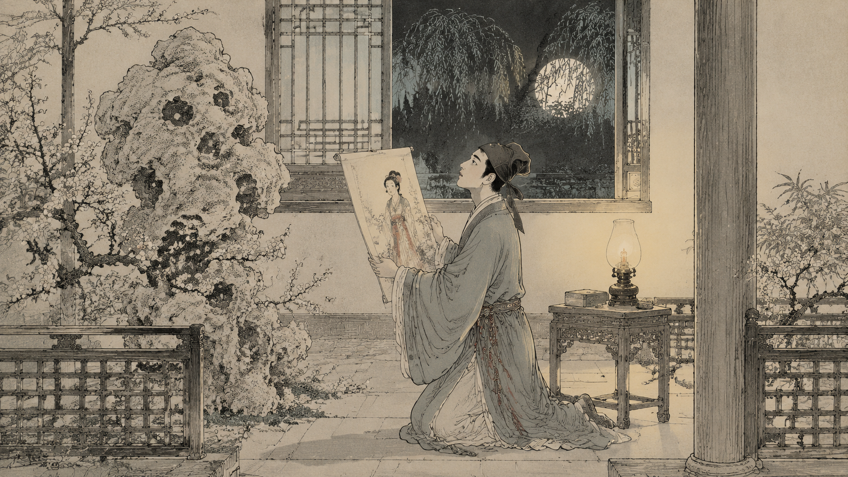 梅花观深夜，一盏孤灯下，柳梦梅单膝跪于太湖石畔，双手捧起一卷半展的仕女画卷，他仰面凝视画中女子神情近乎痴狂，身后窗棂透进惨白月光。