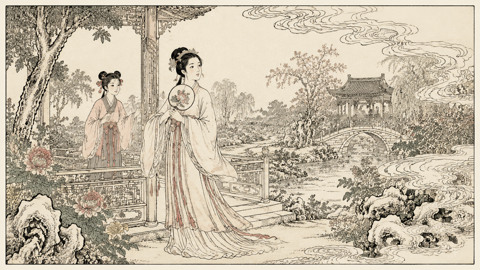 杜丽娘在丫鬟春香的怂恿下首次游览自家后花园，满园春色触动伤春之情，写下'良辰美景奈何天'的感怀
