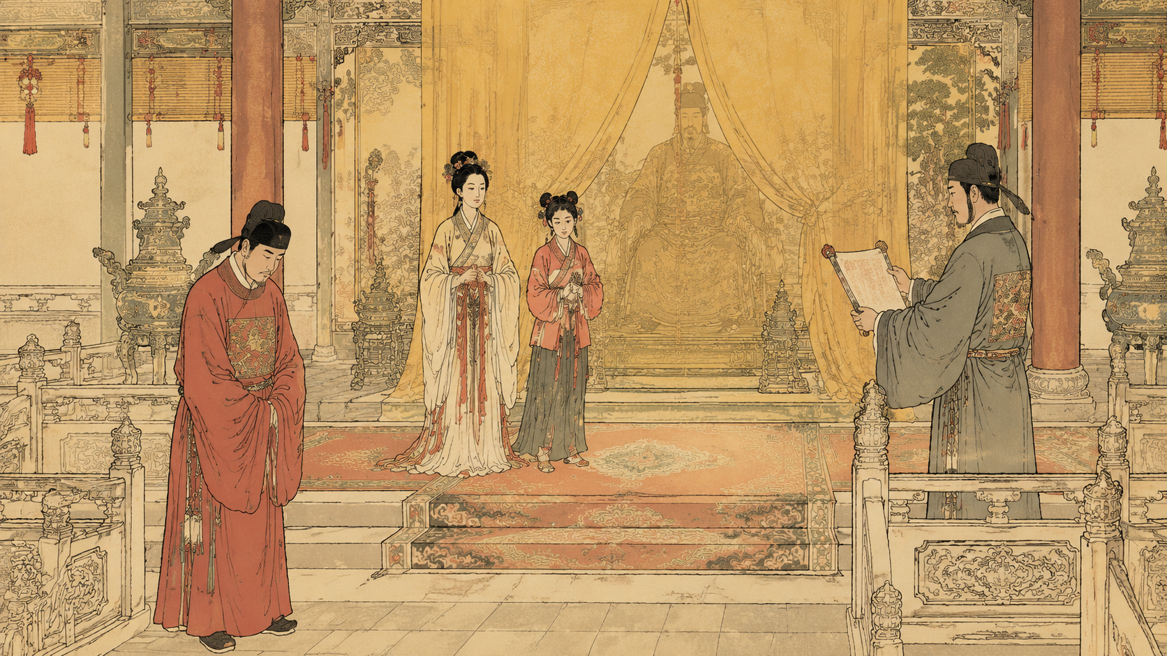 金碧辉煌的明代金殿内，杜宝身着官袍低头立于丹墀之下神色倔强却隐忍，柳梦梅手捧圣旨立于另一侧，丽娘与春香立于殿中位置，殿上端坐的皇帝身影隐于明黄帷幔之后，整幅画面庄重却带一丝温情暖光。