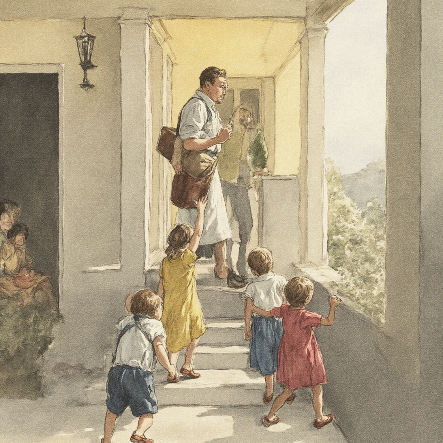 He stood on the porch with his old brown bag, and the lamp made a little gold of him.