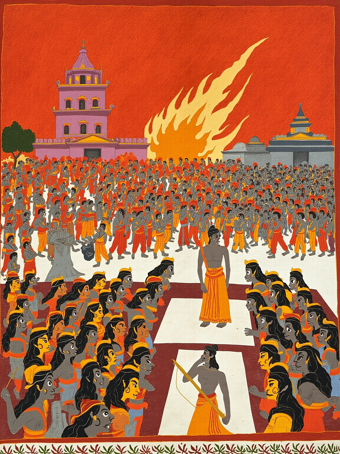 凯旋广场上，全城百姓围成巨大圆圈，悉多独自站在中央升起的火焰前，身形被火光拉长投在白色石板上，罗摩背对观众立在高台上侧脸凝望，神情难以读懂