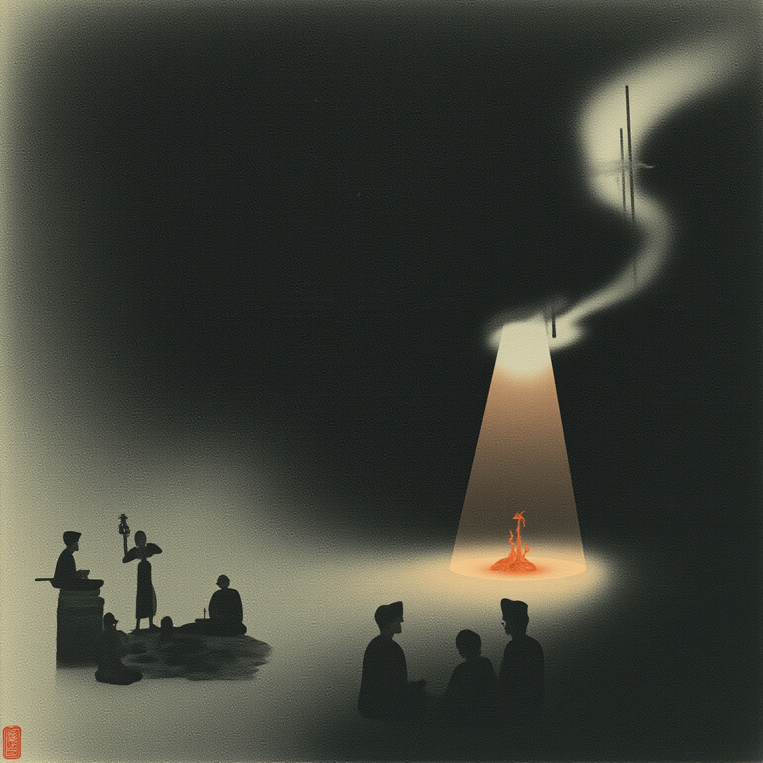 明治后期，山中旅店一隅，围炉一圈剪影般的人影，灯光昏黄，正中坐着一位年轻云游僧人，姿态端正，像要开口。