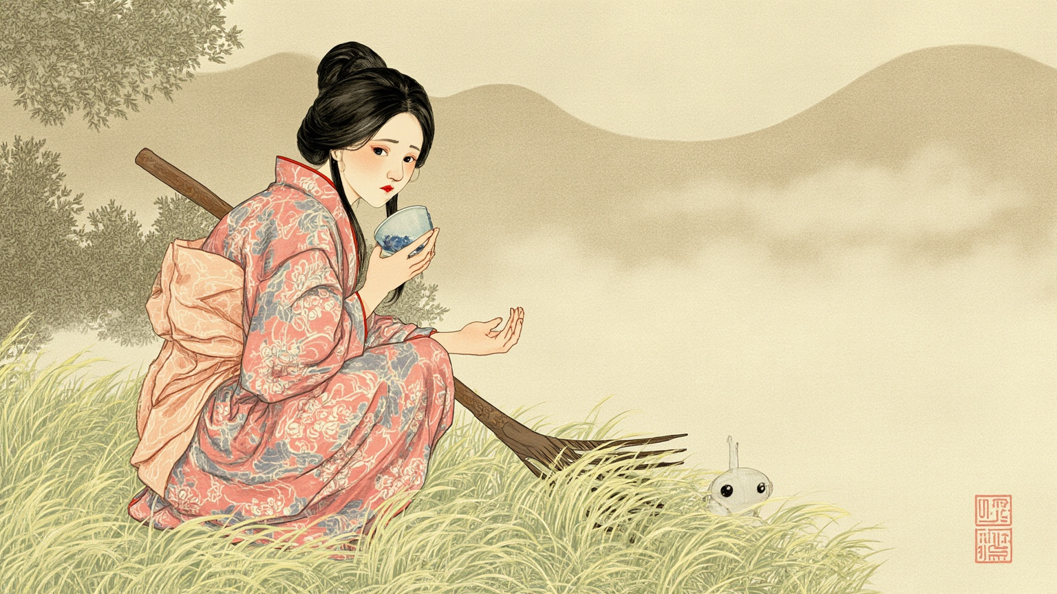 伊豆山间破晓时分的西式山庄后院，雾气未散，一位二十多岁的年轻女子蹲在草丛中用锄头拨土，土里露出一窝白色蛇蛋，晨光斜照，女子的表情从惊讶转为不安，远景是低矮的木廊与山影。