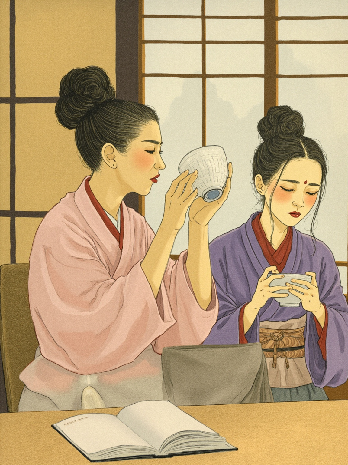 山庄昏暗的餐厅内，木桌上摆着粗瓷汤碗。一位年近六旬、面容清瘦但姿态端庄的母亲正端起汤碗轻啜，脊背挺直如同接受检阅，烛光把她侧脸映成暖金色，餐桌对面的年轻女子静静看着这一幕，窗外是夕阳的山景。