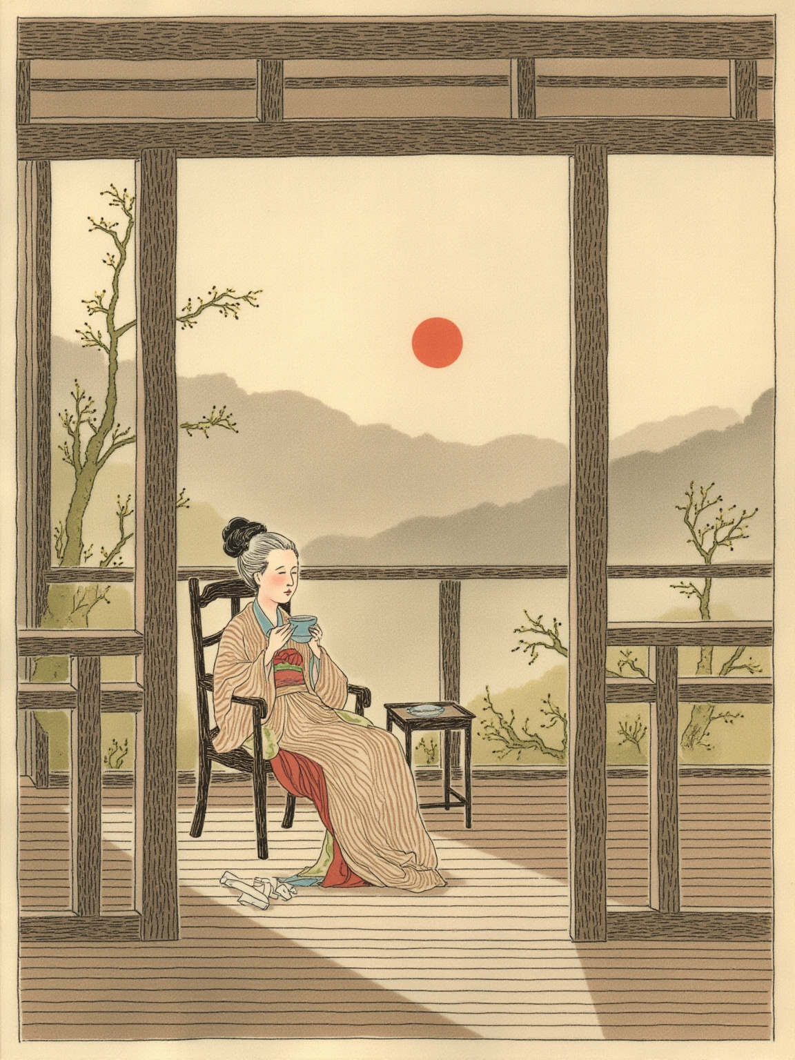 黄昏时分的山庄木廊，一位瘦削的老妇人闭眼靠在廊椅上，面容安详如同入眠，手中仍握着白手帕，夕阳的余晖从远山那边斜照进来，把她的白发和旧木地板染成同一种橘红色，旁边小桌上摆着半碗未喝完的汤药。