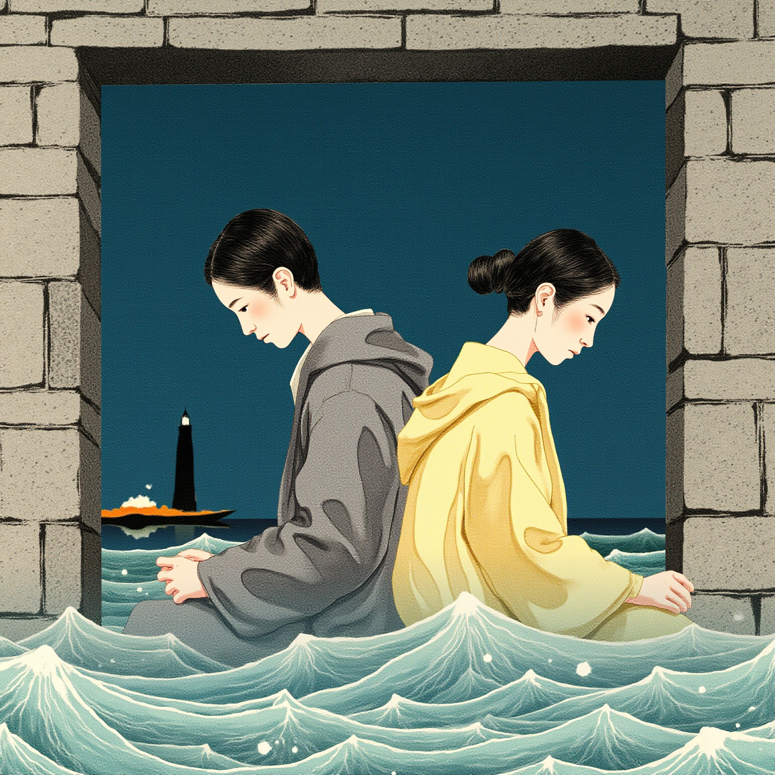 深夜废弃石砌碉堡内部，一堆篝火在中央跳动，两个湿漉漉的年轻人背对背各据火堆一侧，火焰在石墙上投下巨大的摇曳影子，氛围庄严克制，没有任何情色暗示。