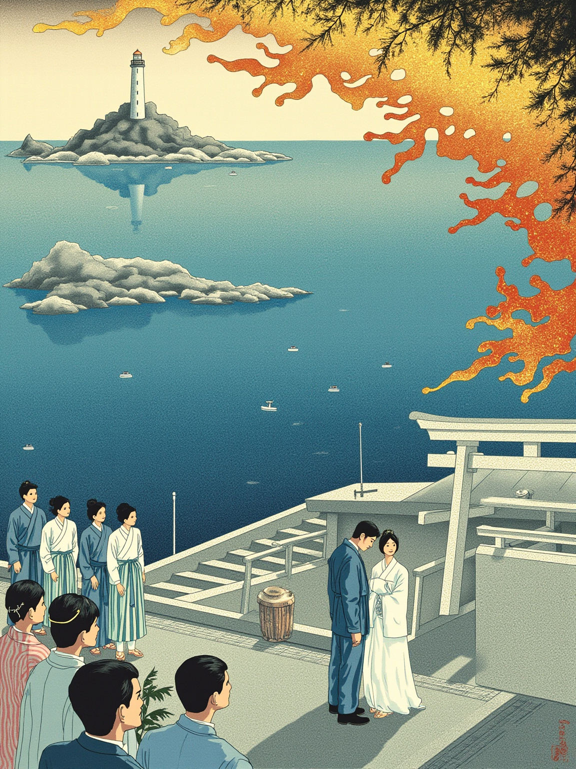 晴朗白日的神社石阶婚礼，一群穿白色和服的渔家女人围站在石阶两侧目送，新娘低头微笑，新郎站在最上方的鸟居下回望海面，远处是平静湛蓝的海湾和小渔船，色调干净明亮。