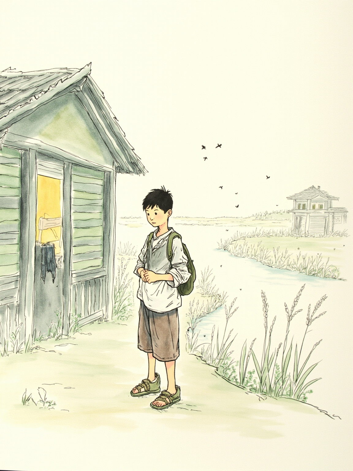 当芦花飘起来的时候，桑桑站在草房子前，看着奔跑的同学们——他忽然觉得，他已不再是小孩了。
