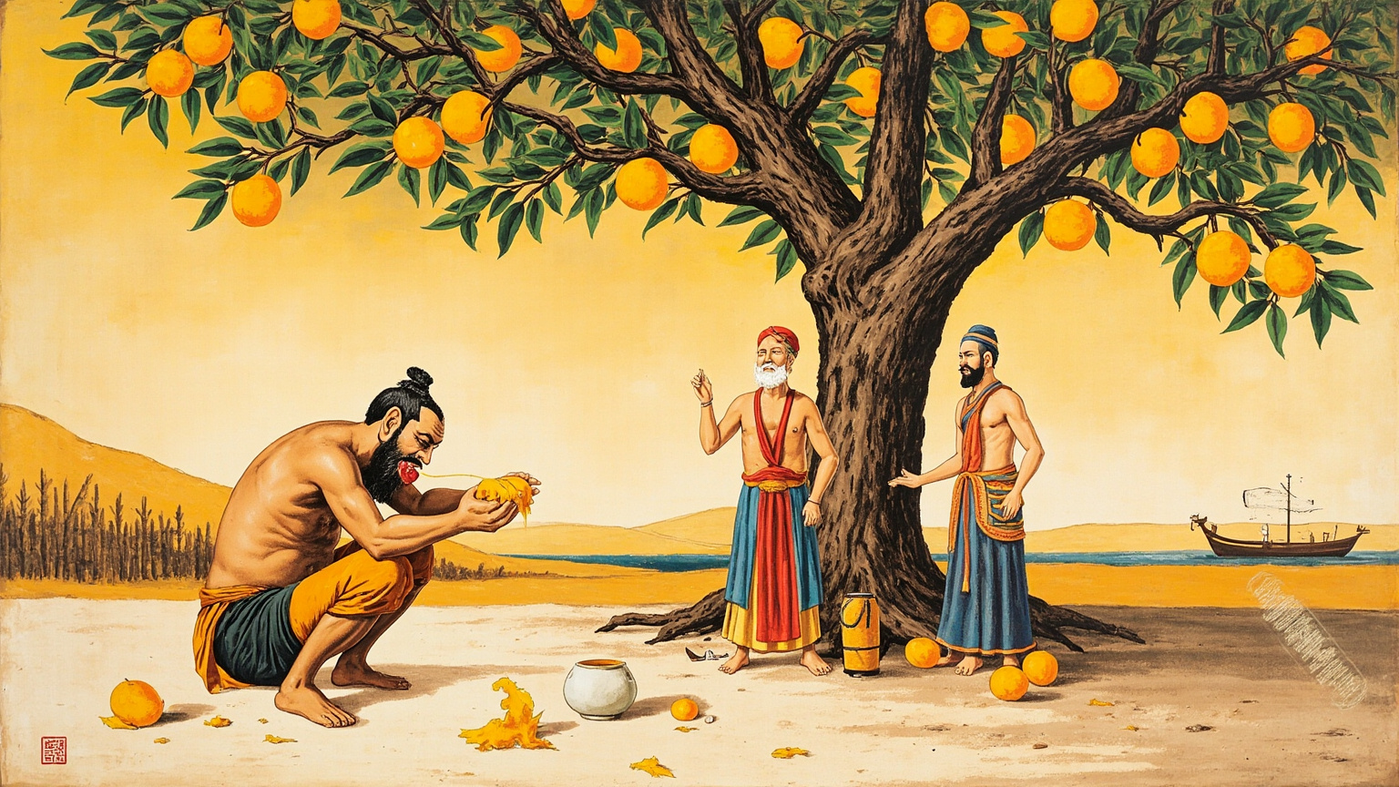 Having heard that the mango was sweet, he ate it whole—pit and all—and fell groaning to the ground.