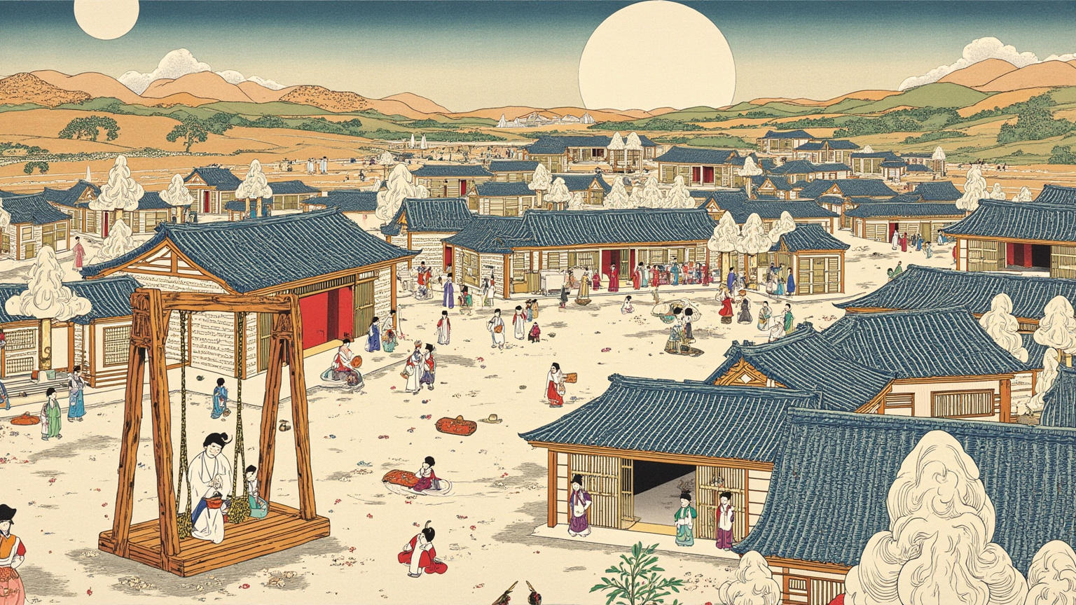 俯视视角的全罗道南原古城全景——府衙、茅屋、市集、秋千庭院、暗牢依次排列,城外是连绵稻田与远山,时代感定在朝鲜王朝中后期