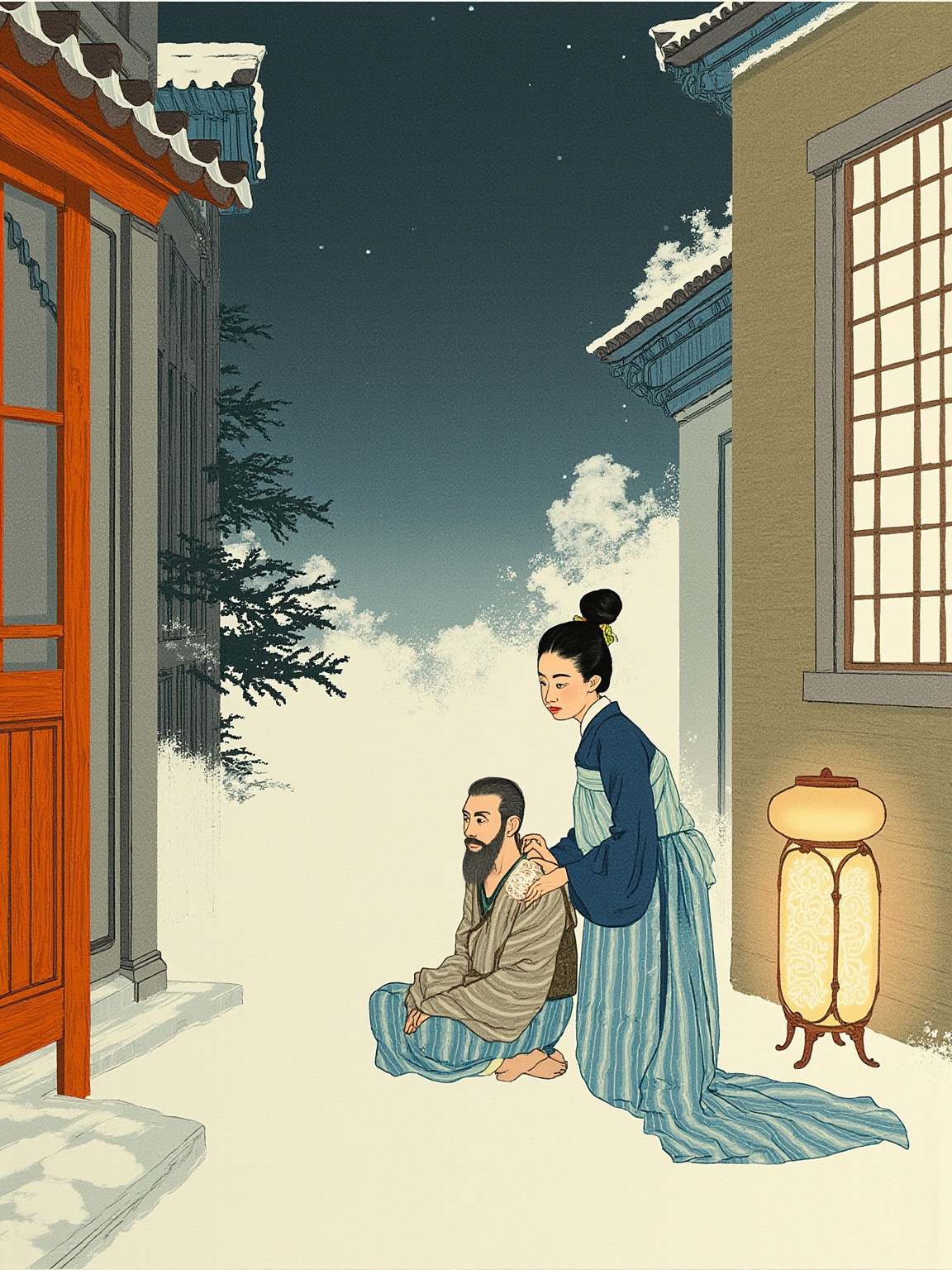 岁大雪，生于安邑东门冒雪行乞，枯瘠疥癞、殆非人状——娃闻其声，遽启帘而认之。