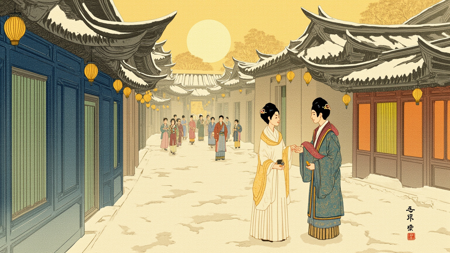蜀道剑门关前的驿道口，一位素衣女子把包袱递给一个身披官袍的青年，两人隔着一步对望——她要转身回长安，他要去成都赴任。