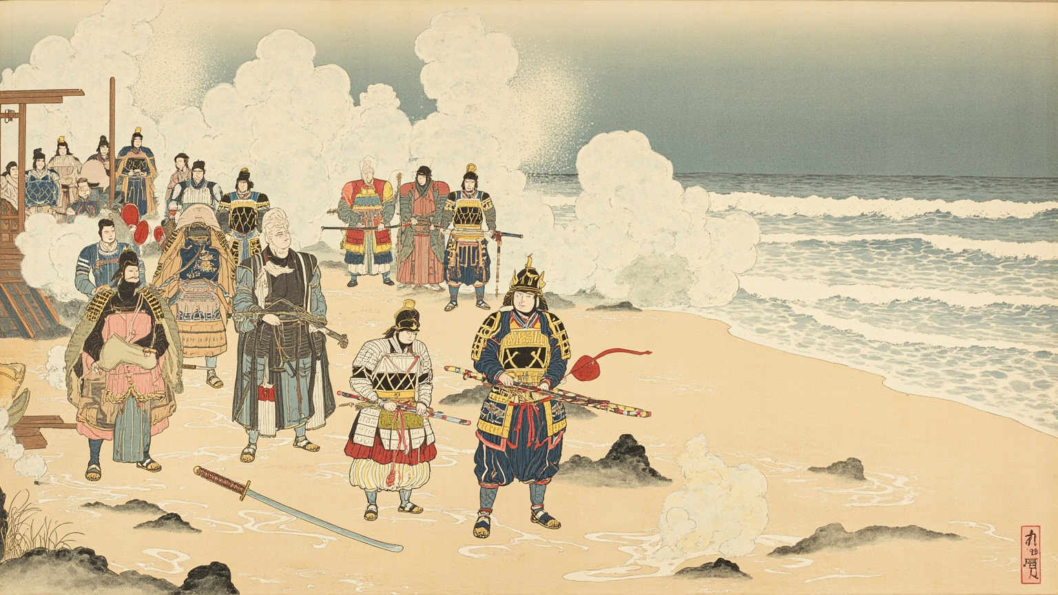 坛之浦战后清晨的海滩——灰蓝色天光下，空着的幼帝小铠甲被搁在木板上，旁边斜插一柄朱鞘太刀，浪花漫过沙面，画面寂寥如祭坛。