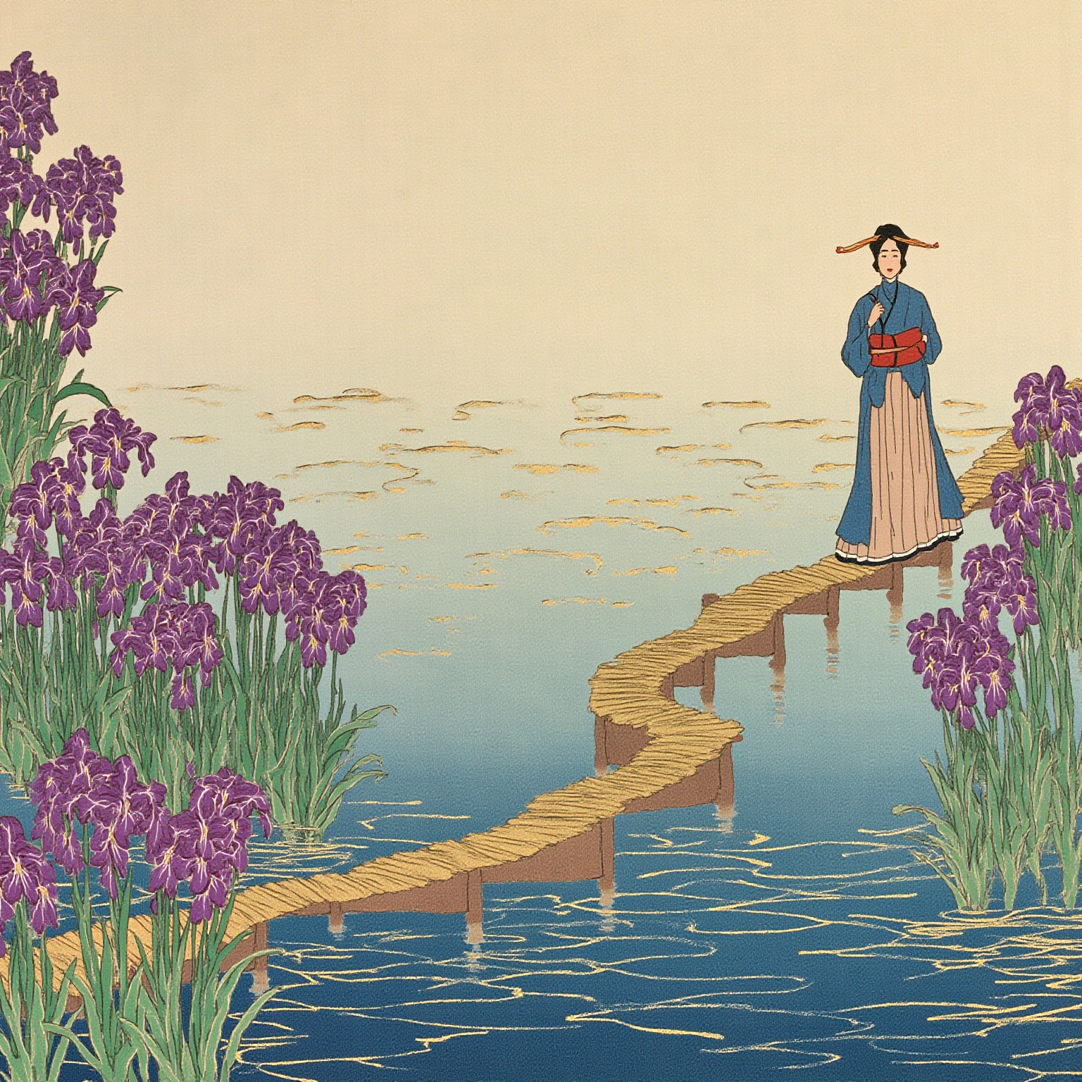 The eightfold bridge where irises bloom in twin rows mirrored in the stream.