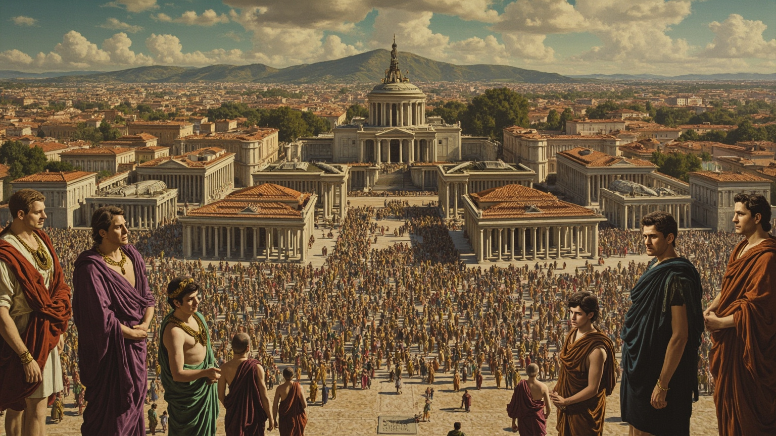 罗马广场全景鸟瞰：神庙柱廊、元老院建筑、远处的帕拉丁山皇宫台地，人群穿着托加袍在柱廊间走动，左下角一块石碑刻着 SPQR 字样