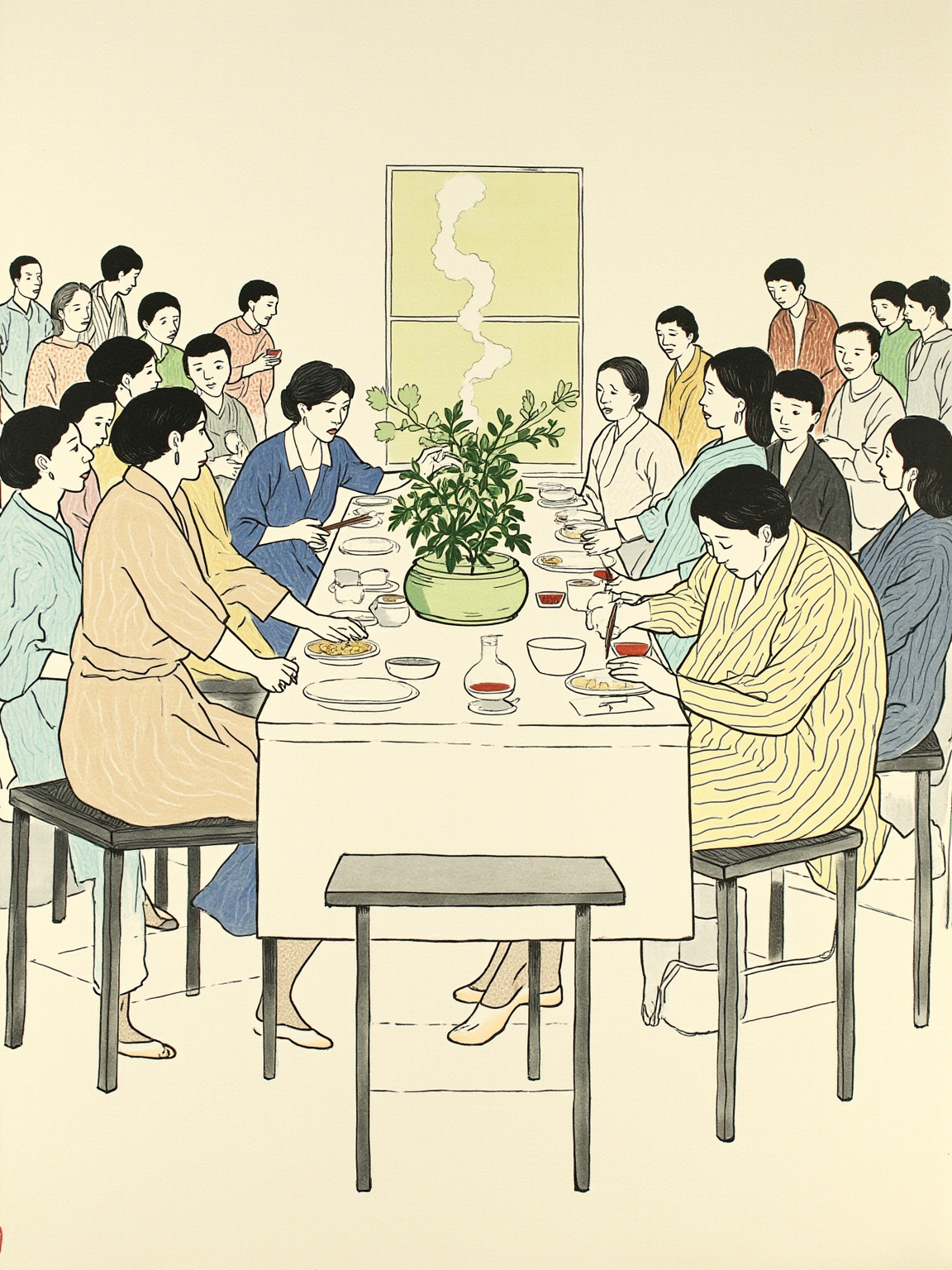 她缩成一团坐在那里，周围的每一个人都在动筷，那种静比任何争吵都更刺耳。