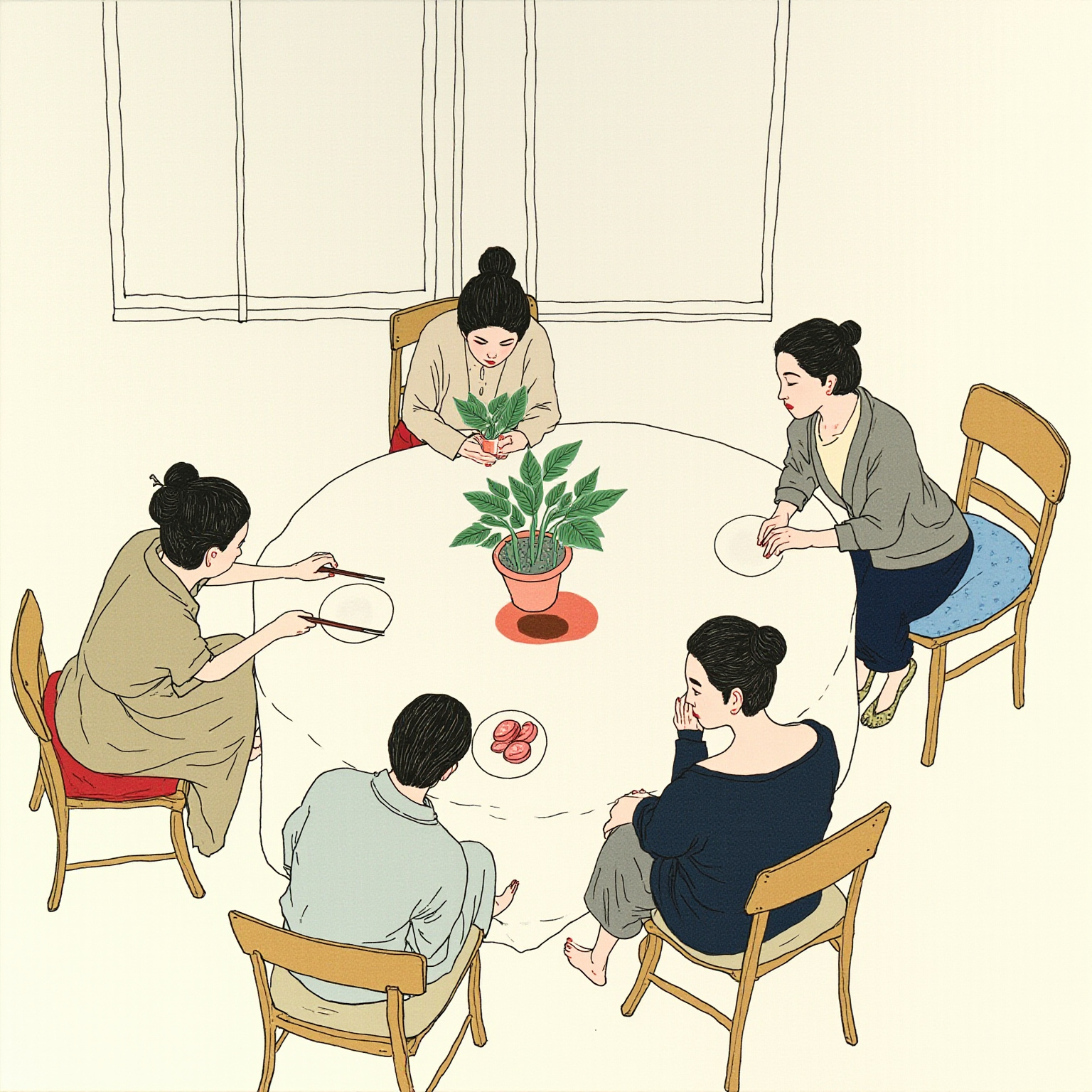 全家人围坐的餐桌俯视构图，中心一只白瓷盘里堆着带血色的肉片，所有筷子都指向它，只有她那双交叉在膝上